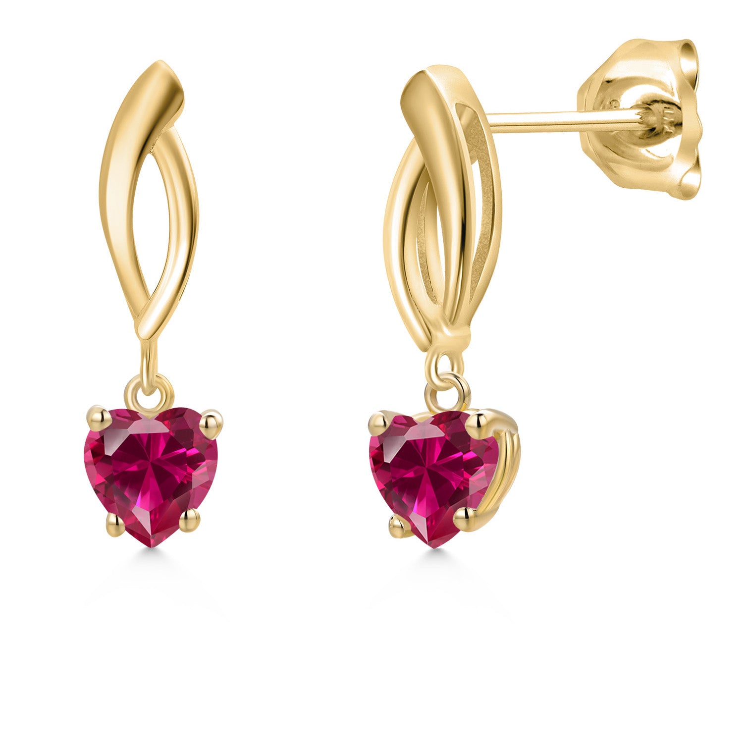 10K Yellow Gold Red Created Ruby Stud Dangle Earrings for Women | 1.20 Cttw | Gemstone July Birthstone | Heart Shape 5MM