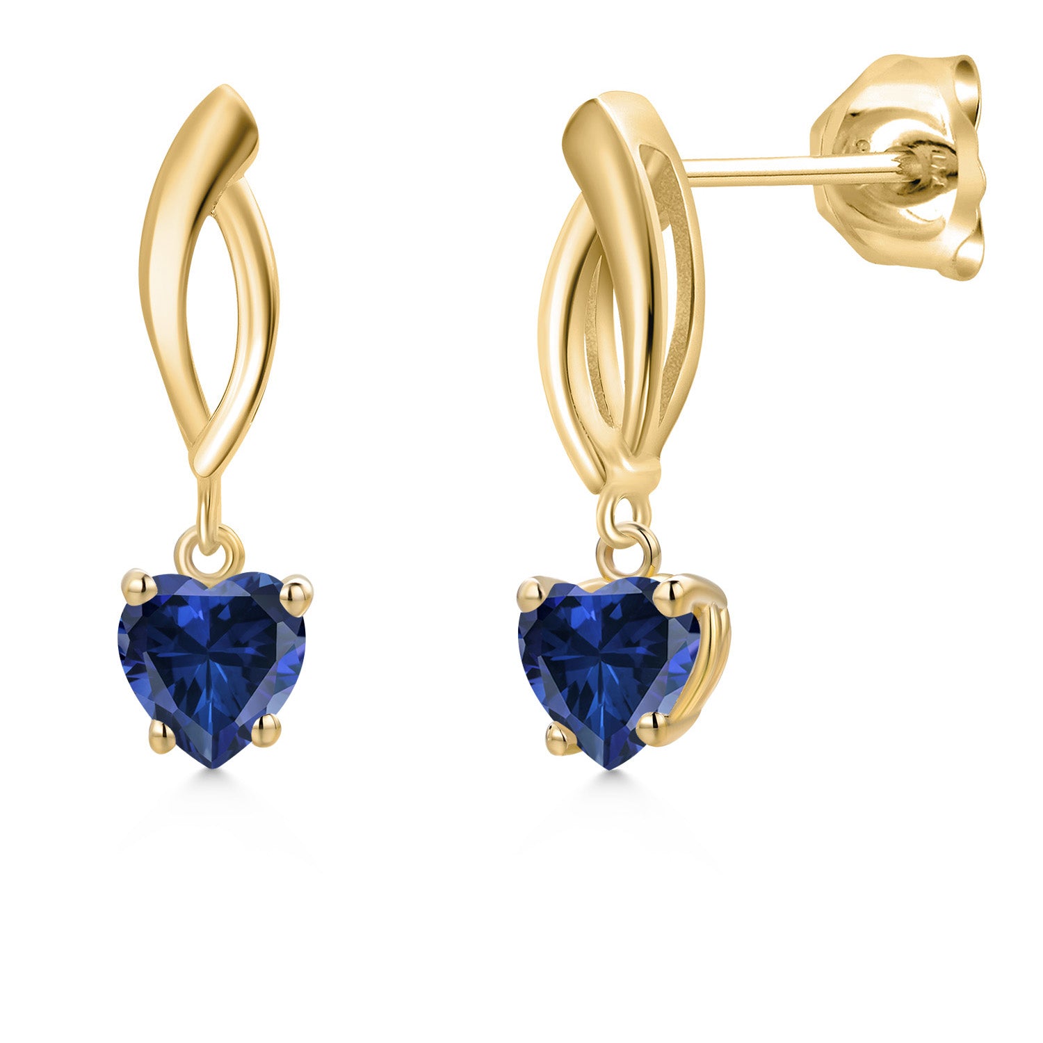 10K Yellow Gold Blue Created Sapphire Stud Dangle Earrings for Women | 1.00 Cttw | Gemstone September Birthstone | Heart Shape 5MM