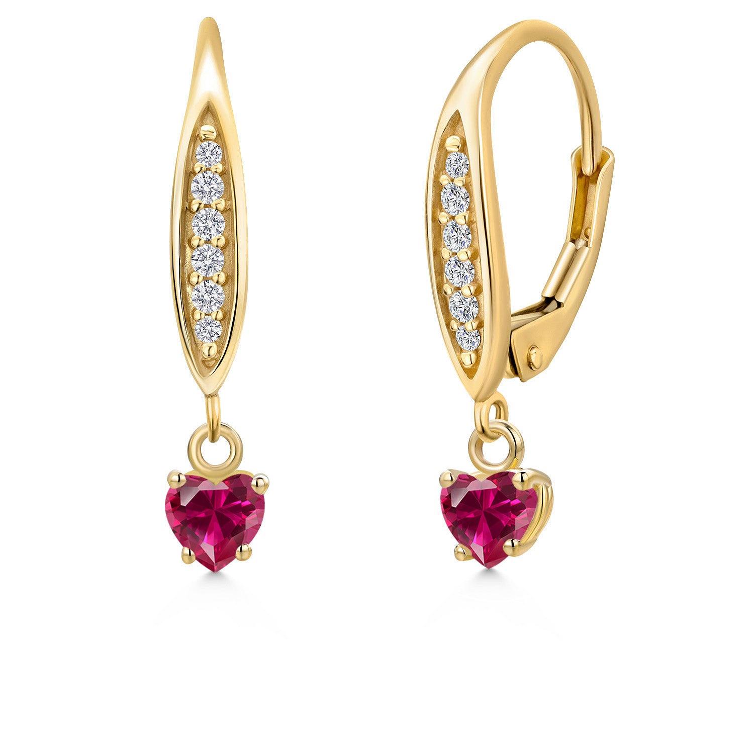 10K Yellow Gold Red Created Ruby and E - F Lab Grown Diamond Earrings for Women | 0.69 Cttw | Gemstone July Birthstone | Heart Shape 4MM