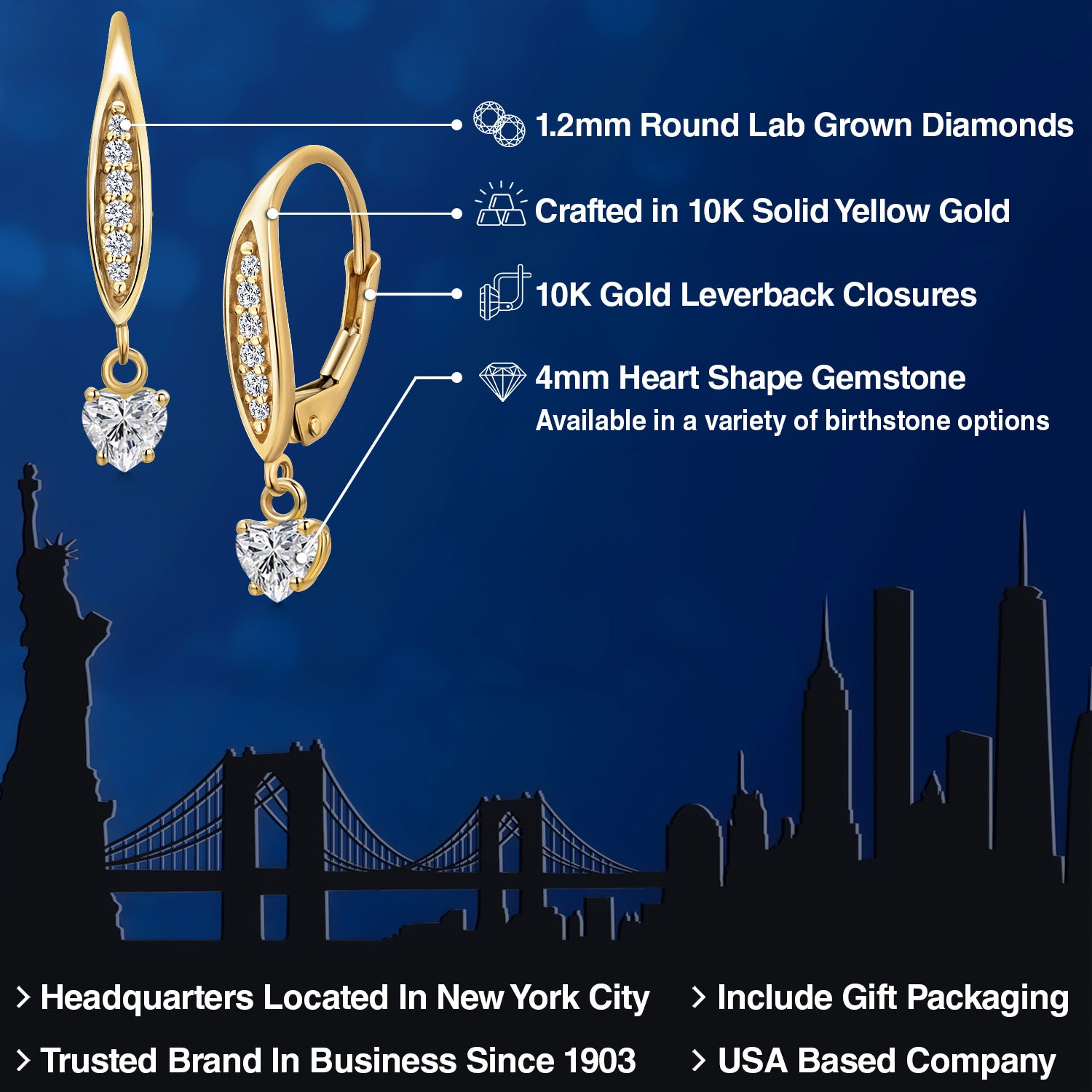 10K Yellow Gold Lab Grown Diamond and E - F Lab Grown Diamond Earrings for Women | 0.55 Cttw | Gemstone April Birthstone | Heart Shape 4MM