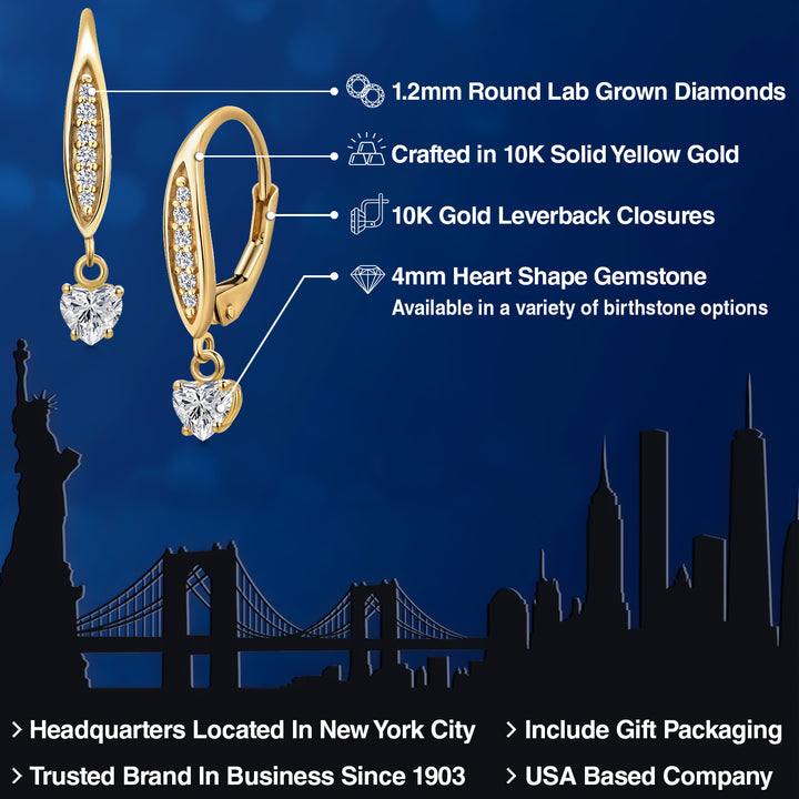 10K Yellow Gold Lab Grown Diamond and E - F Lab Grown Diamond Earrings for Women | 0.55 Cttw | Gemstone April Birthstone | Heart Shape 4MM