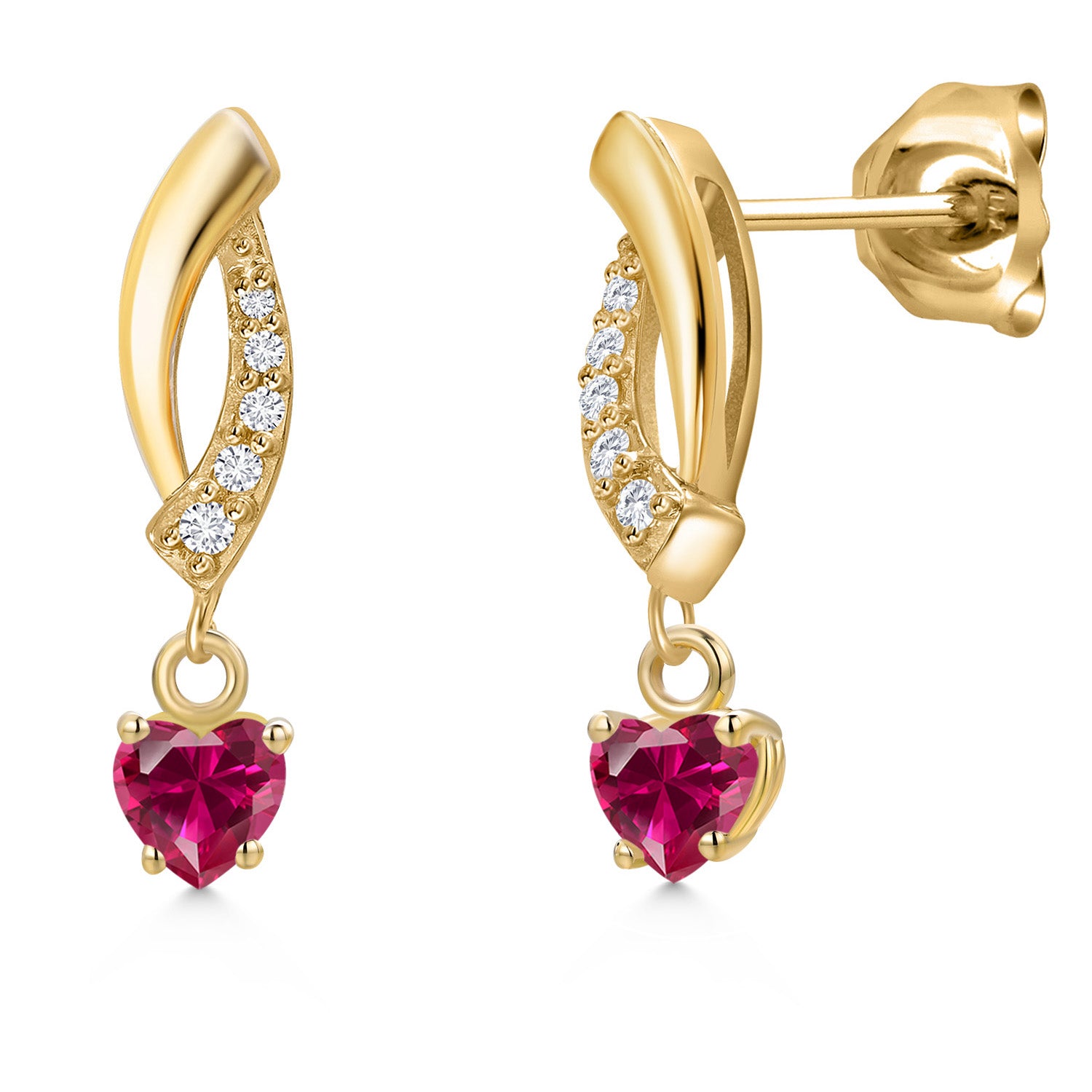 10K Yellow Gold Red Created Ruby and E - F Lab Grown Diamond Stud Dangle Earrings for Women | 0.65 Cttw | Gemstone July Birthstone | Heart Shape 4MM