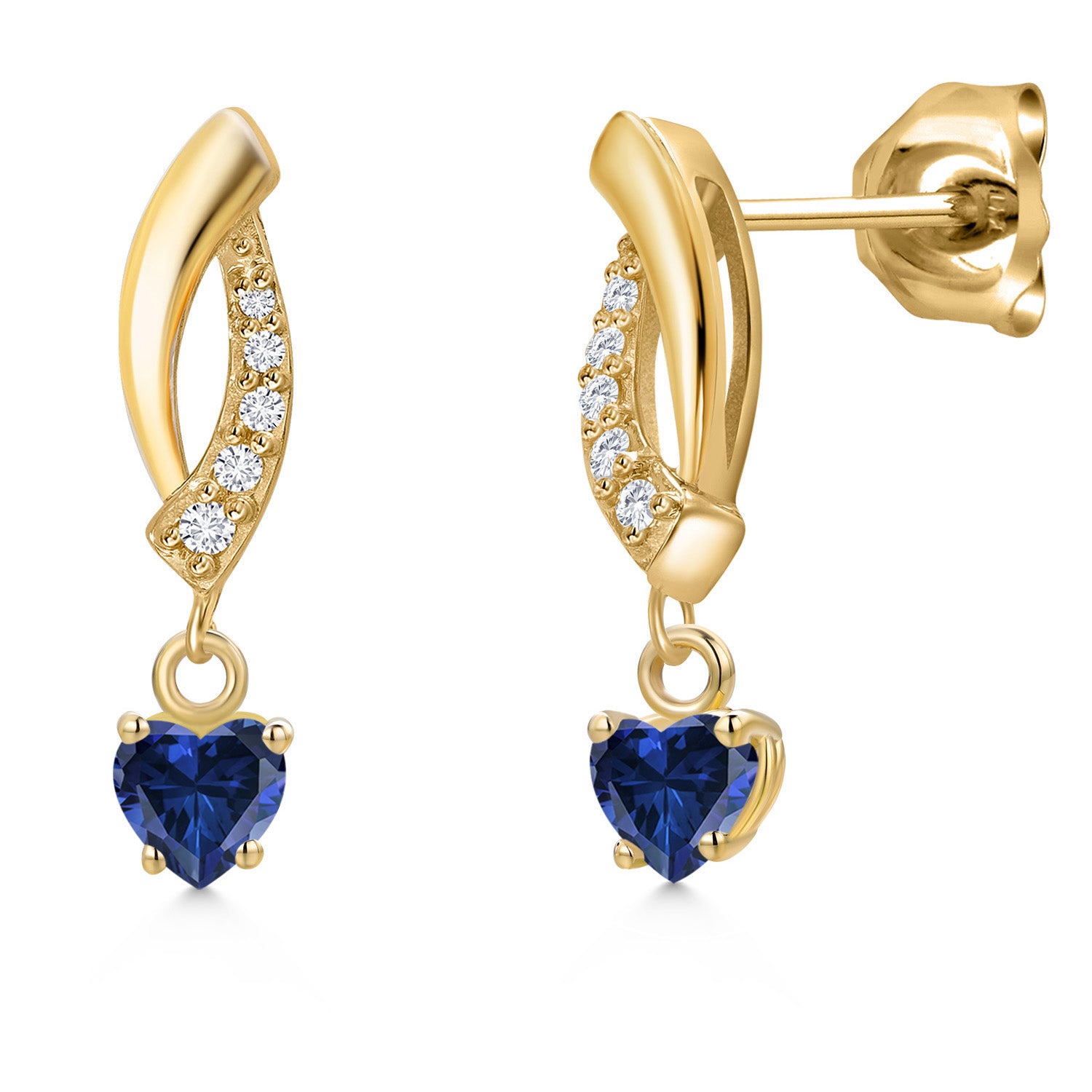 10K Yellow Gold Blue Created Sapphire and E - F Lab Grown Diamond Stud Dangle Earrings for Women | 1.05 Cttw | Gemstone September Birthstone | Heart Shape 4MM