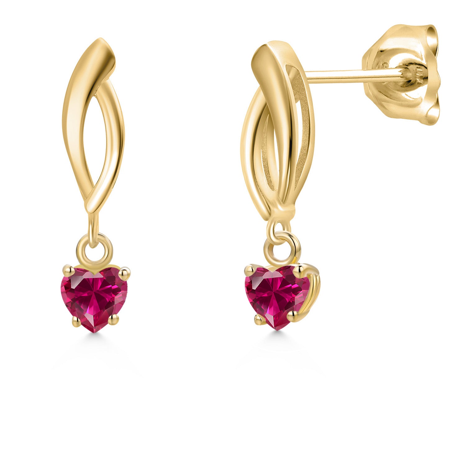 10K Yellow Gold Red Created Ruby Stud Dangle Earrings for Women | 0.60 Cttw | Gemstone July Birthstone | Heart Shape 4MM