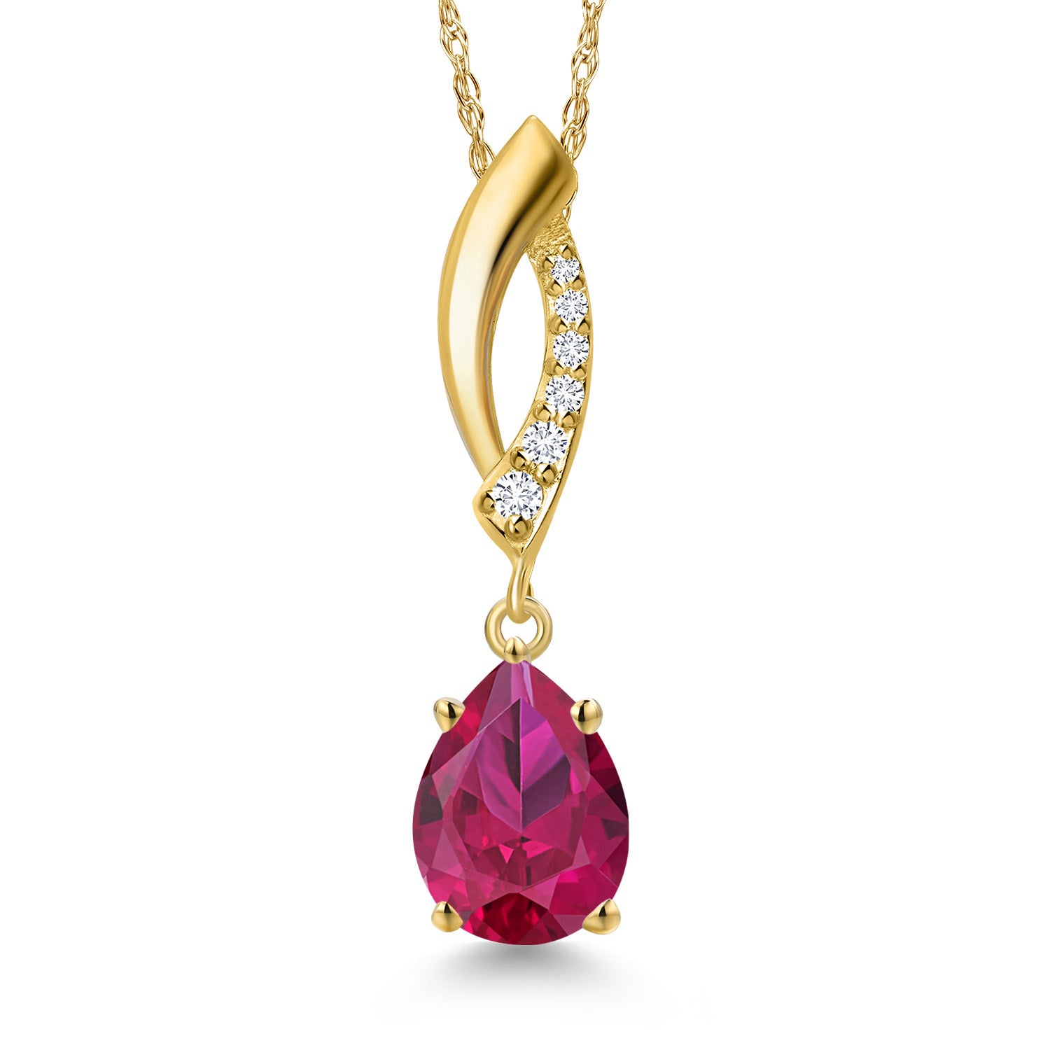 10K Yellow Gold Red Created Ruby and E - F Lab Grown Diamond Pendant Necklace for Women | 1.28 Cttw | Gemstone July Birthstone | Pear Shape 8X6MM | With 18 Inch Chain