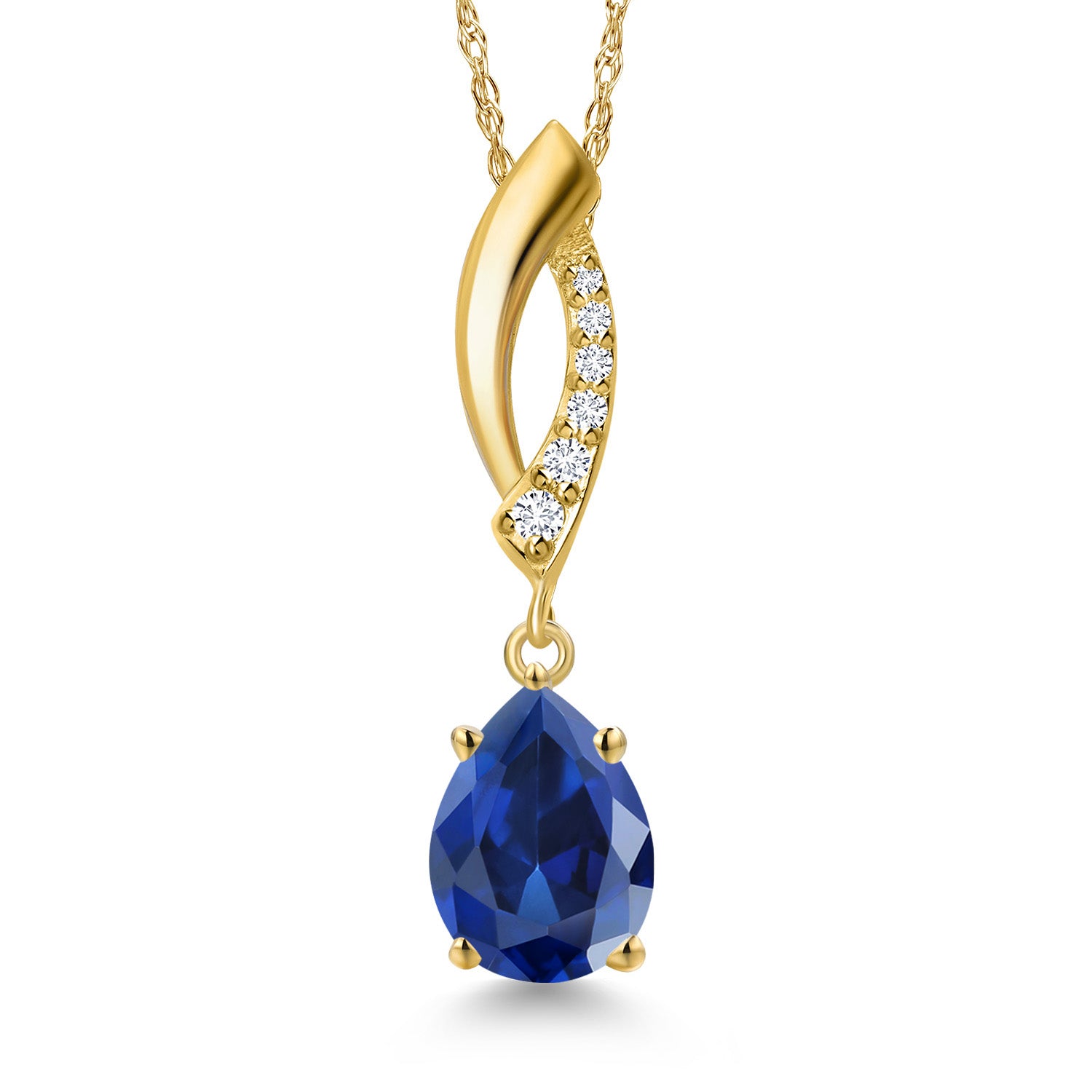 10K Yellow Gold Blue Created Sapphire and E - F Lab Grown Diamond Pendant Necklace for Women | 2.03 Cttw | Gemstone September Birthstone | Pear Shape 8X6MM | With 18 Inch Chain