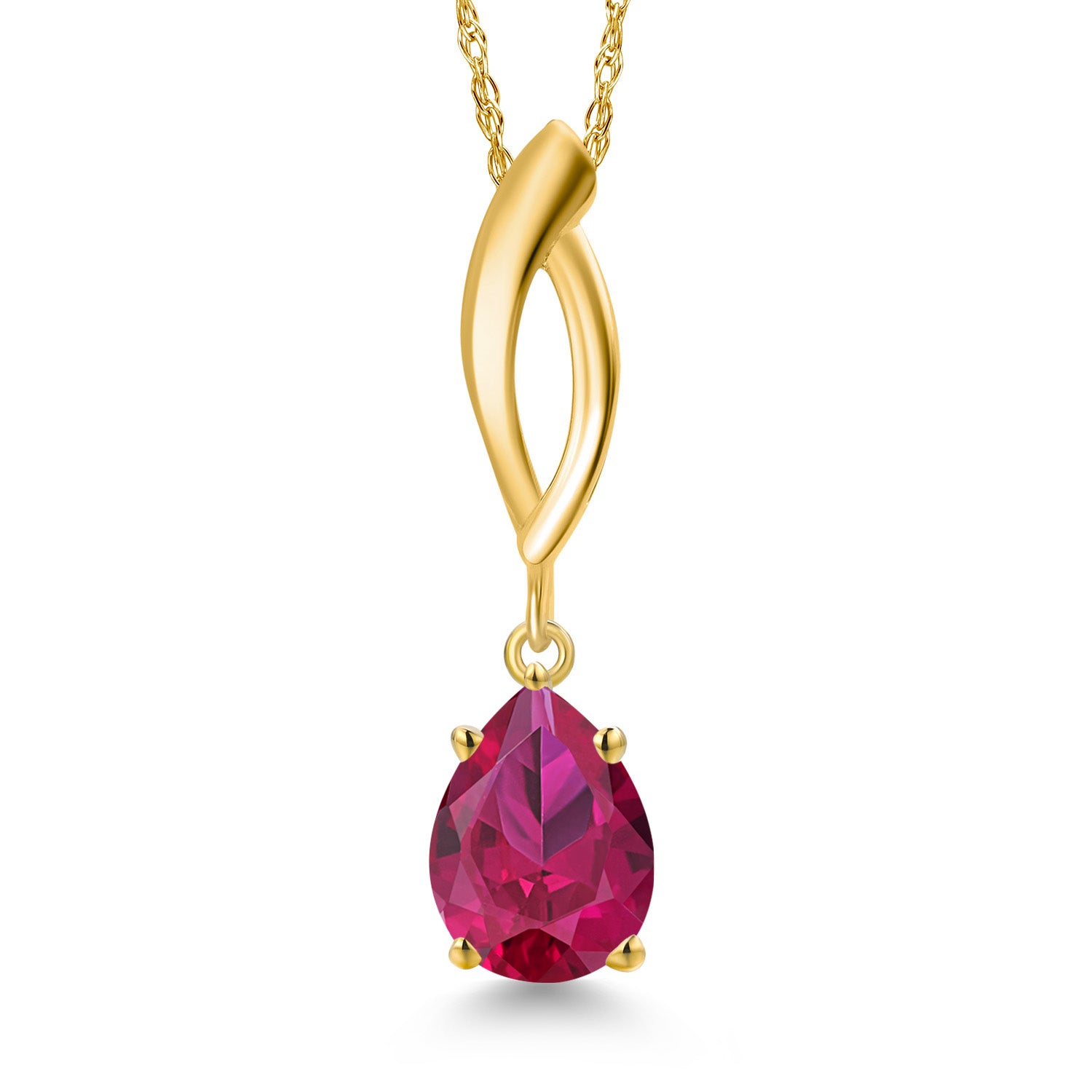 10K Yellow Gold Red Created Ruby Pendant Necklace for Women | 1.25 Cttw | Gemstone July Birthstone | Pear Shape 8X6MM | With 18 Inch Chain