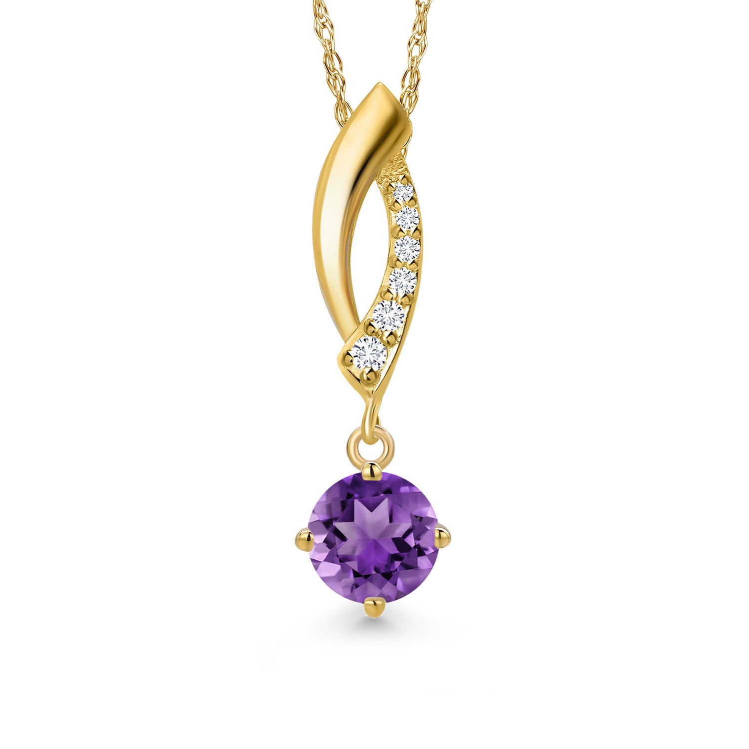 10K Yellow Gold Purple Amethyst and E - F Lab Grown Diamond Pendant Necklace for Women | 0.51 Cttw | Gemstone February Birthstone | Round 5MM | With 18 Inch Chain