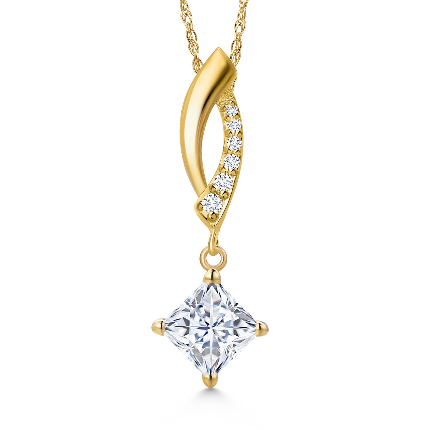 10K Yellow Gold White Moissanite and E - F Lab Grown Diamond Pendant Necklace for Women | 0.83 Cttw | Gemstone Birthstone | Princess 5MM | With 18 Inch Chain