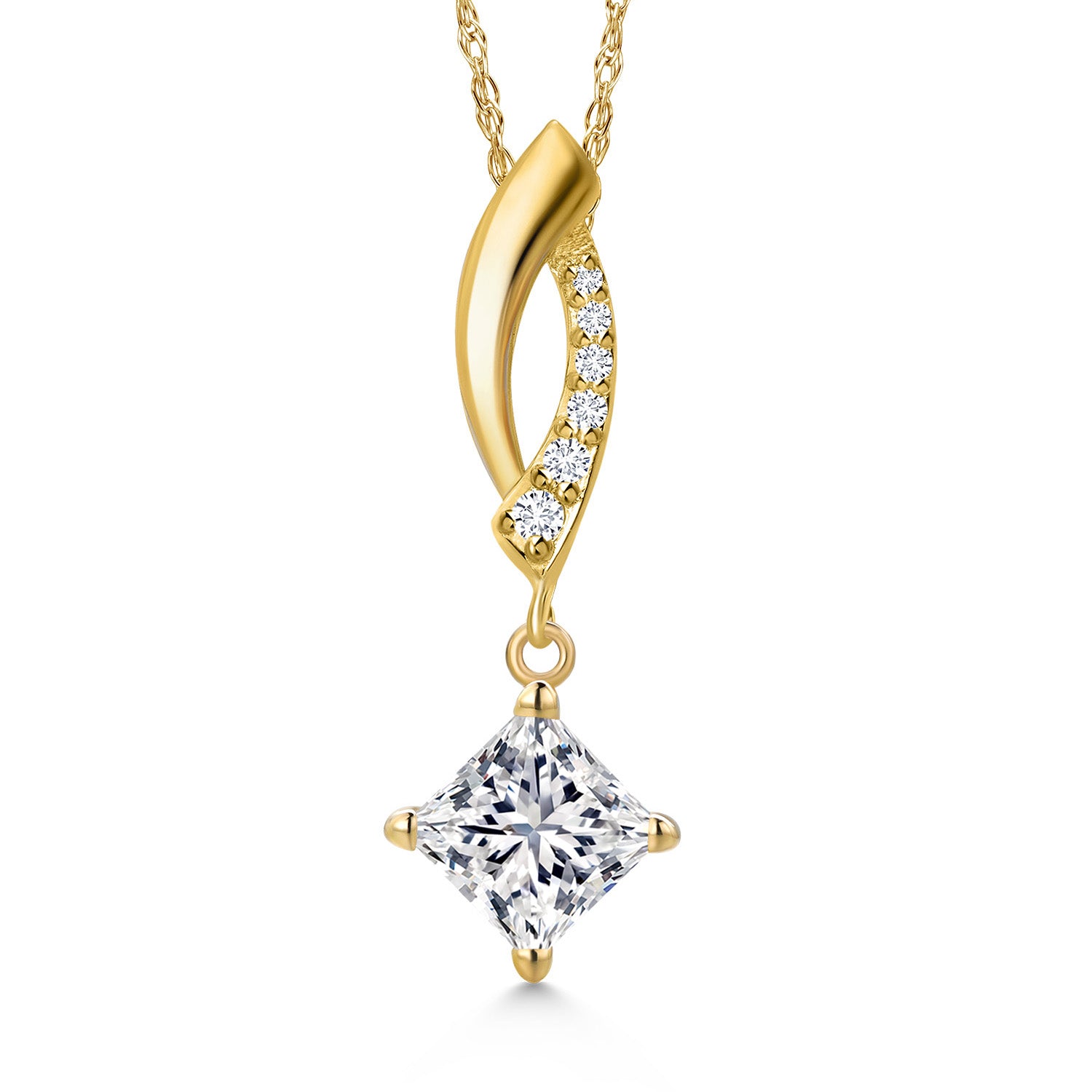 10K Yellow Gold Lab Grown Diamond Pendant Necklace for Women | 0.75 Cttw | Gemstone April Birthstone | Princess 5MM | With 18 Inch Chain