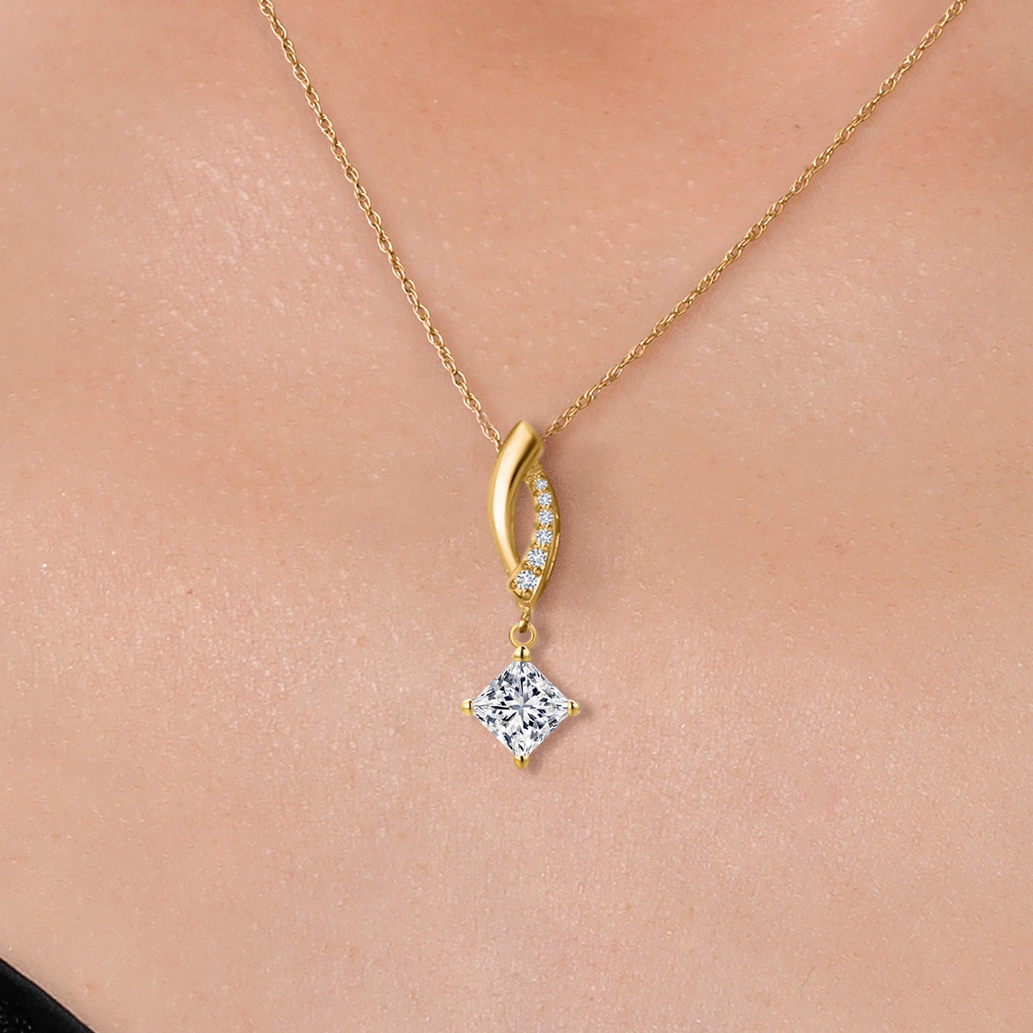 10K Yellow Gold Lab Grown Diamond Pendant Necklace for Women | 0.75 Cttw | Gemstone April Birthstone | Princess 5MM | With 18 Inch Chain