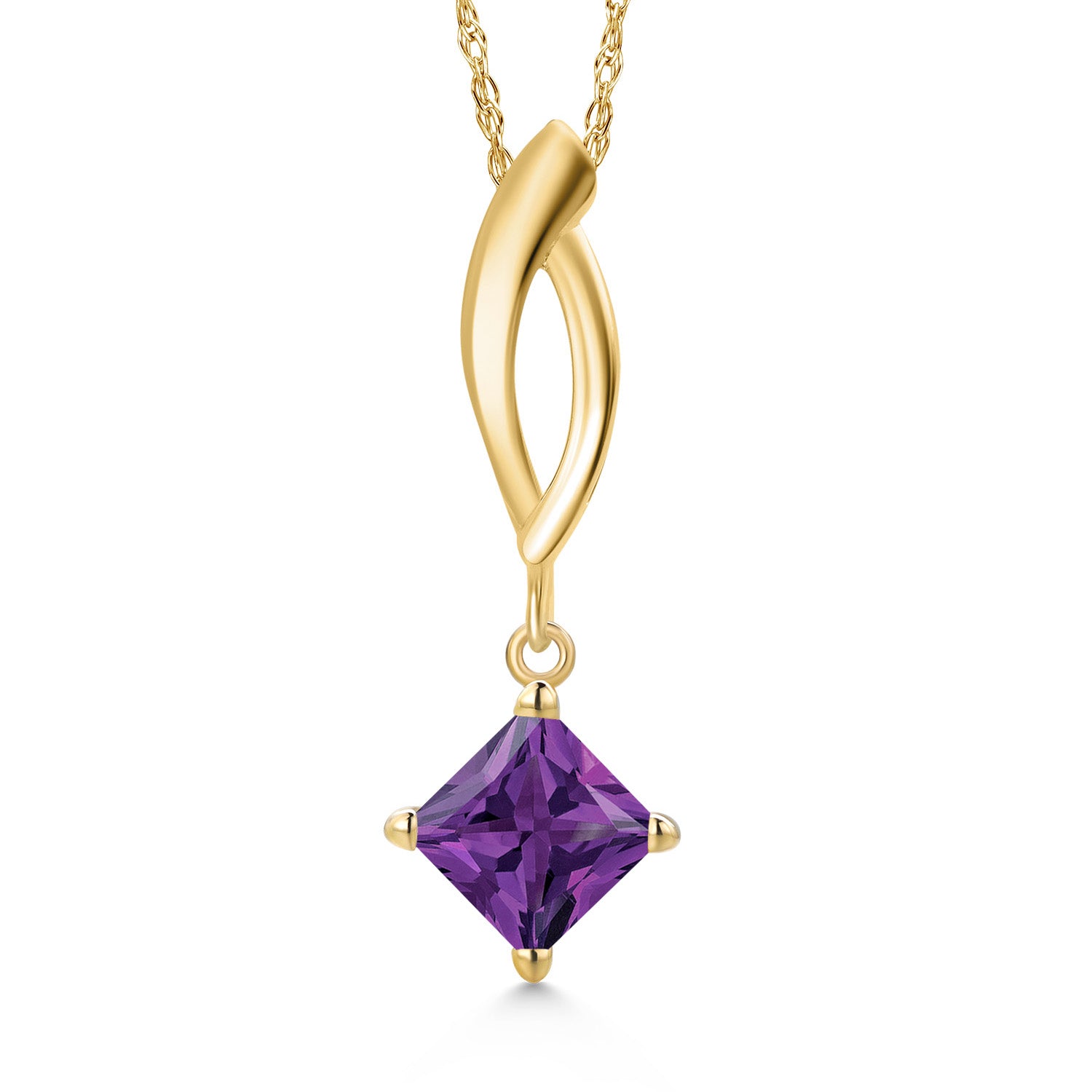 10K Yellow Gold Purple Amethyst Pendant Necklace for Women | 0.65 Cttw | Gemstone February Birthstone | Princess 5MM | With 18 Inch Chain