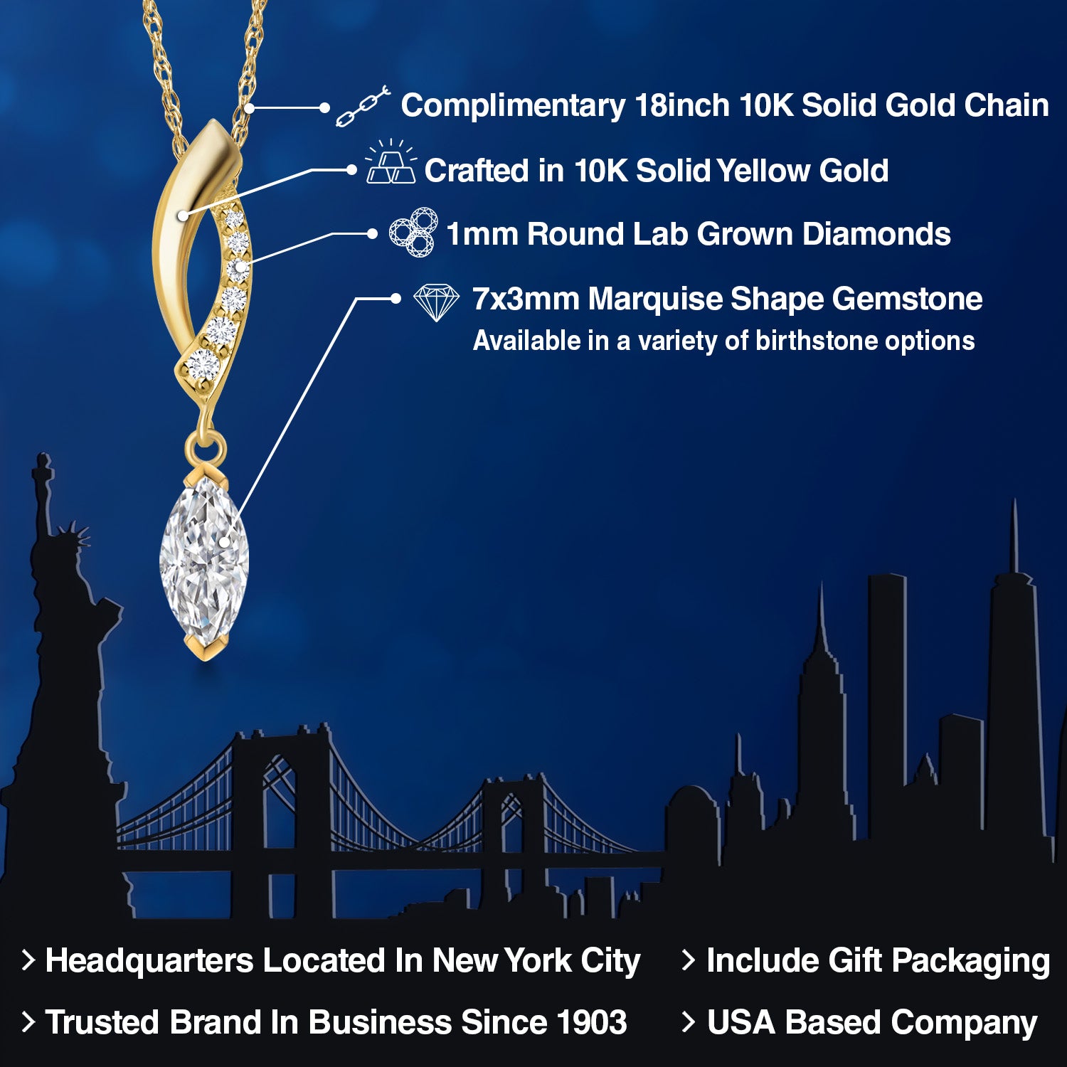 10K Yellow Gold Lab Grown Diamond Pendant Necklace for Women | 0.33 Cttw | Gemstone April Birthstone | Marquise 7X3MM | With 18 Inch Chain