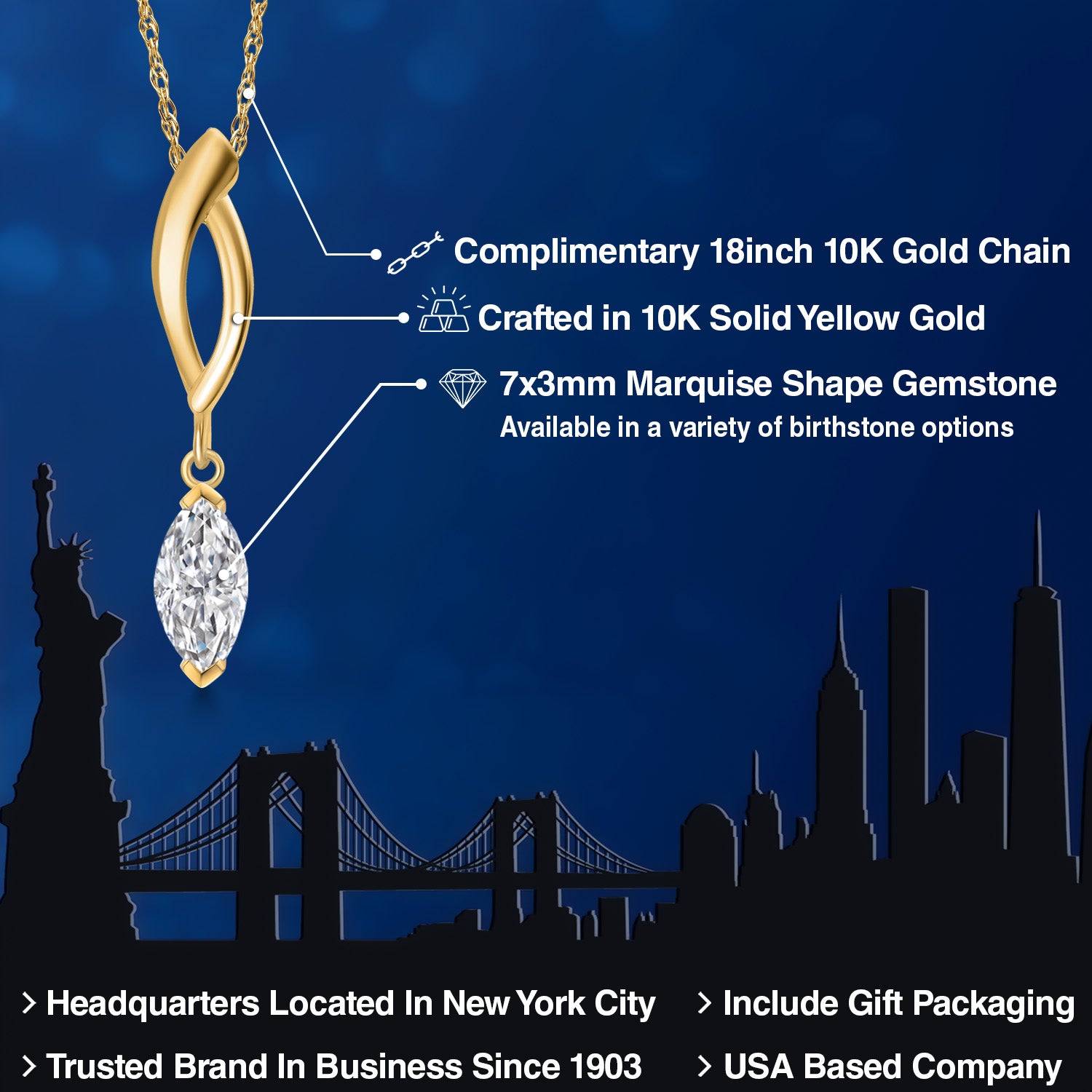 10K Yellow Gold Lab Grown Diamond Pendant Necklace for Women | 0.30 Cttw | Gemstone April Birthstone | Marquise 7X3MM | With 18 Inch Chain