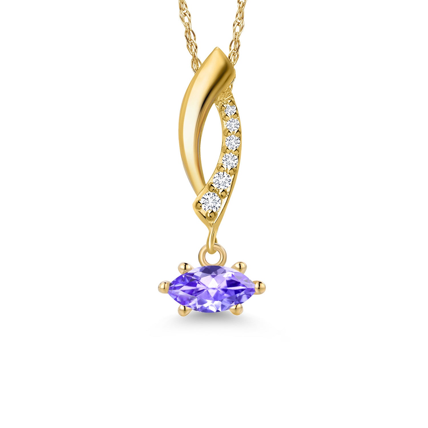 10K Yellow Gold Blue Tanzanite and E - F Lab Grown Diamond Pendant Necklace for Women | 0.28 Cttw | Gemstone December Birthstone | Marquise 6X3MM | With 18 Inch Chain