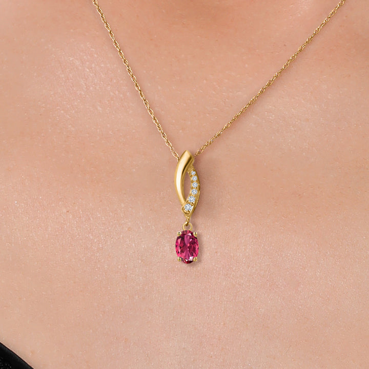 10K Yellow Gold Pink Tourmaline and E - F Lab Grown Diamond Pendant Necklace for Women | 0.51 Cttw | Gemstone October Birthstone | Oval 6X4MM | With 18 Inch Chain