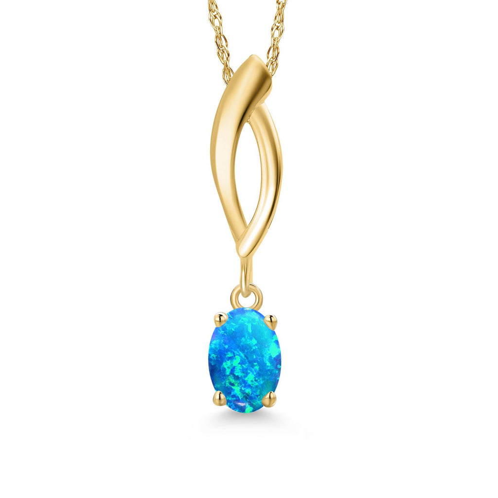 Blue Simulated Opal - October_Pendant in 10K Yellow Gold