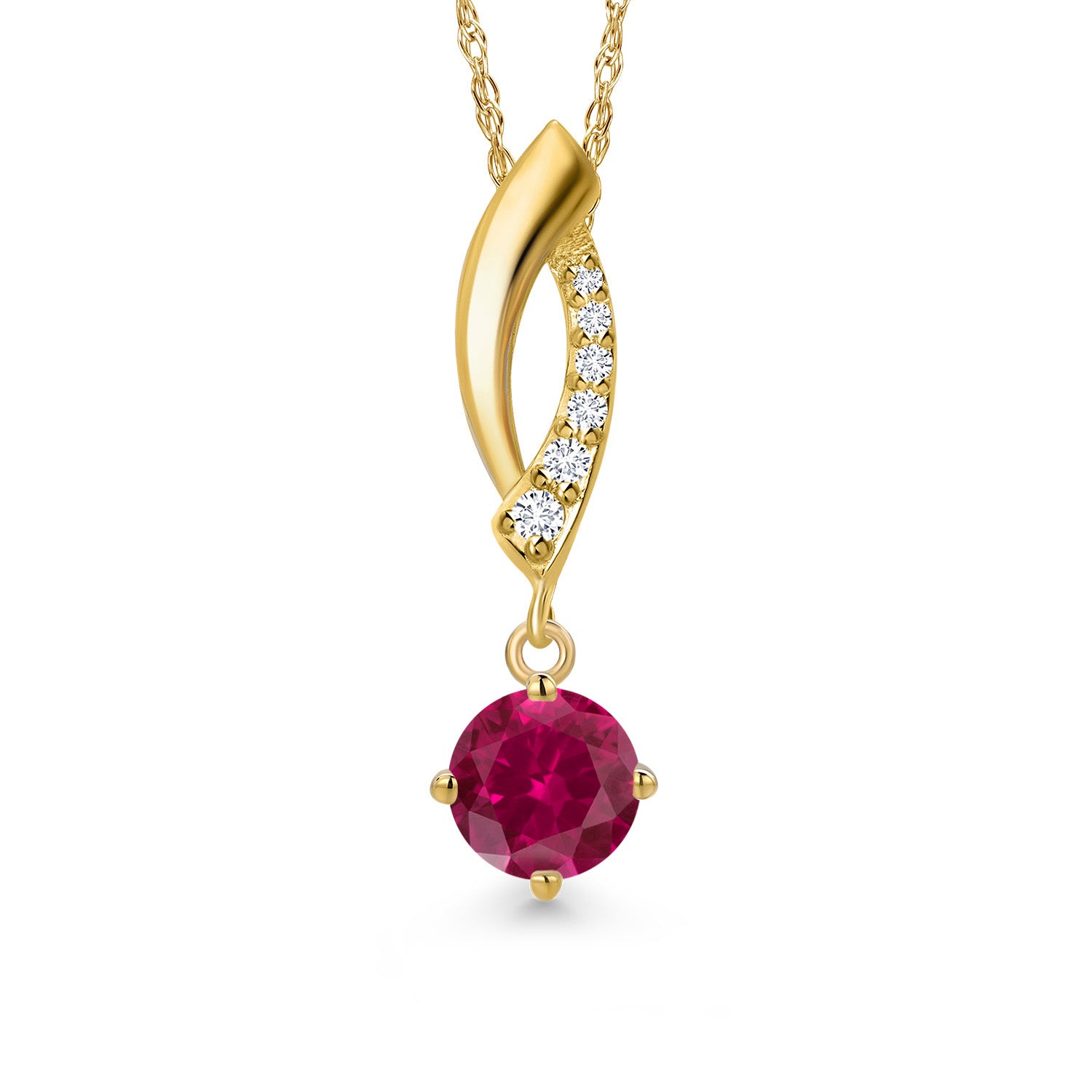 10K Yellow Gold Red Created Ruby and E - F Lab Grown Diamond Pendant Necklace for Women | 0.43 Cttw | Gemstone July Birthstone | Round 4.5MM | With 18 Inch Chain