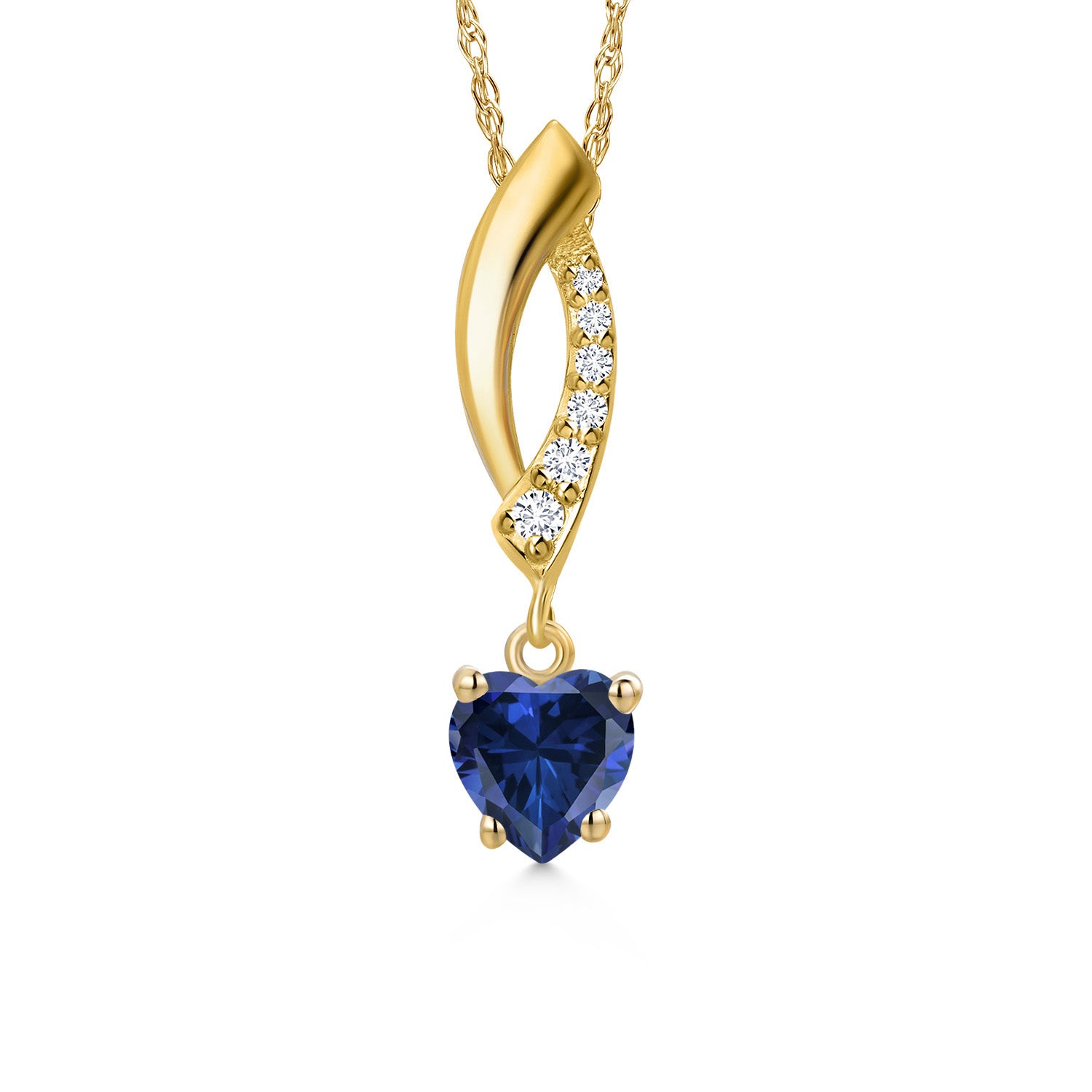 10K Yellow Gold Blue Created Sapphire and E - F Lab Grown Diamond Pendant Necklace for Women | 0.53 Cttw | Gemstone September Birthstone | Heart Shape 5MM | With 18 Inch Chain