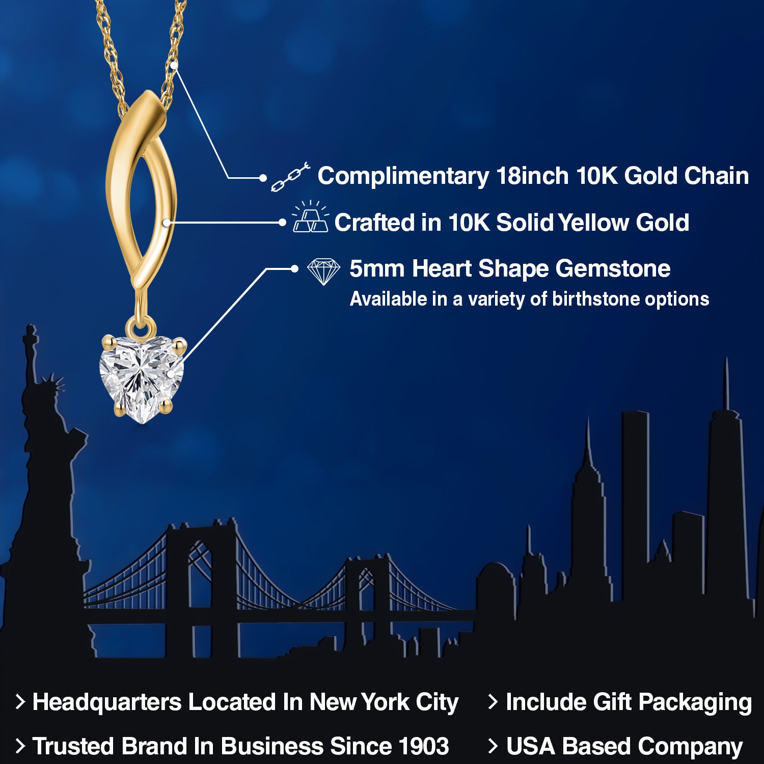 10K Yellow Gold Lab Grown Diamond Pendant Necklace for Women | 0.54 Cttw | Gemstone April Birthstone | Heart Shape 5MM | With 18 Inch Chain