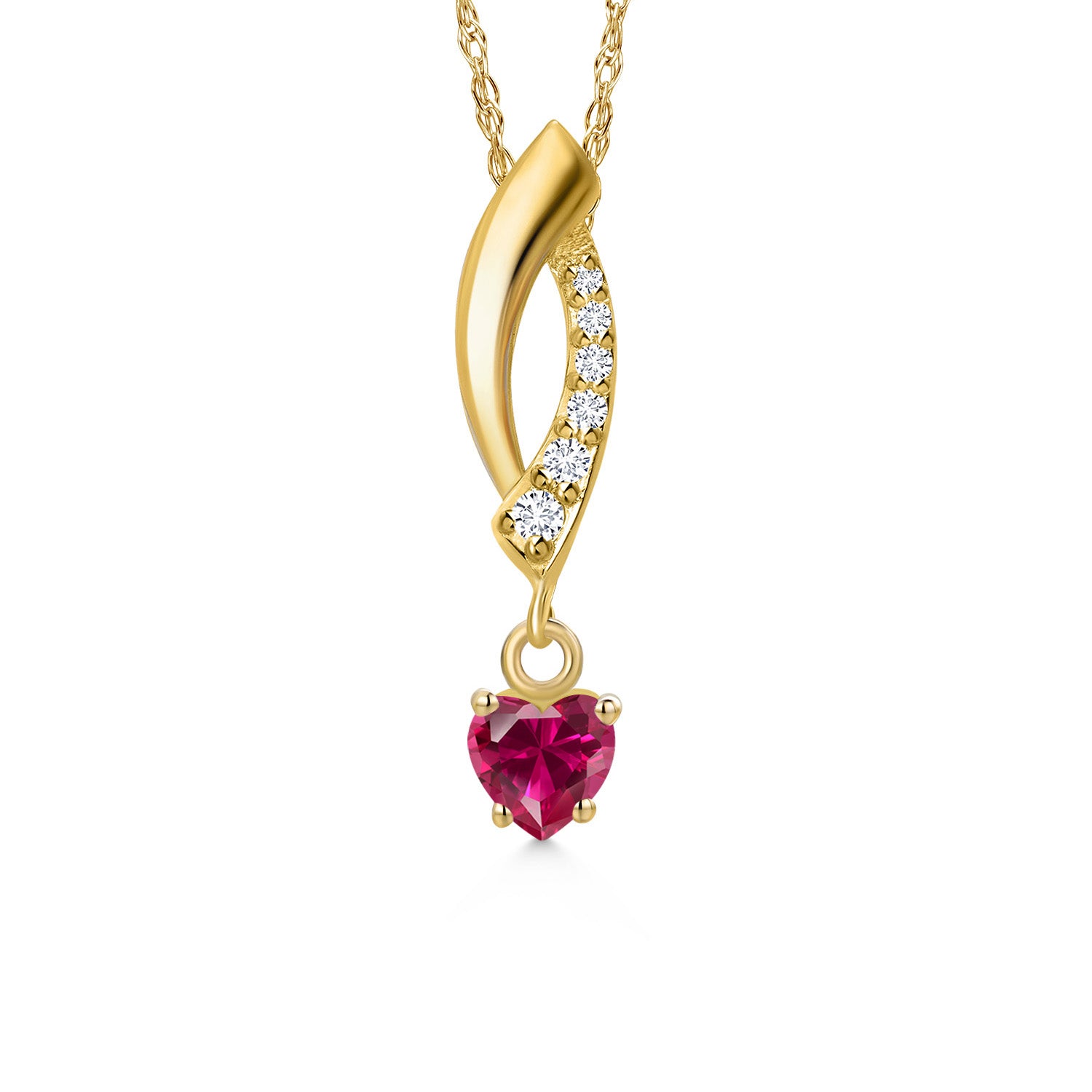 10K Yellow Gold Red Created Ruby and E - F Lab Grown Diamond Pendant Necklace for Women | 0.33 Cttw | Gemstone July Birthstone | Heart Shape 4MM | With 18 Inch Chain