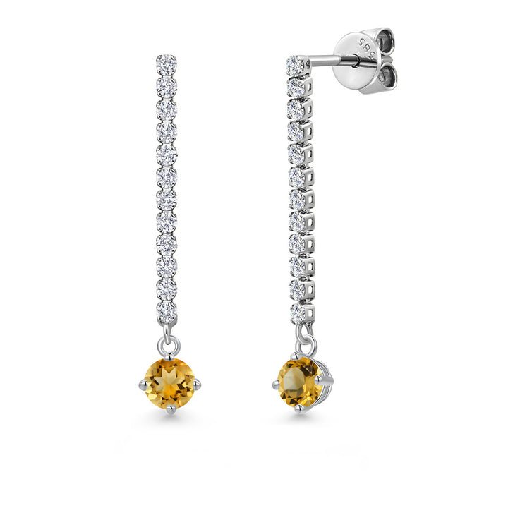 Gem Stone King 14K White Gold Round 4MM Gemstone Birthstone and White Lab Grown Diamond Long Liner Dangle Earrings for Women | White Gold Chain Drop Earrings