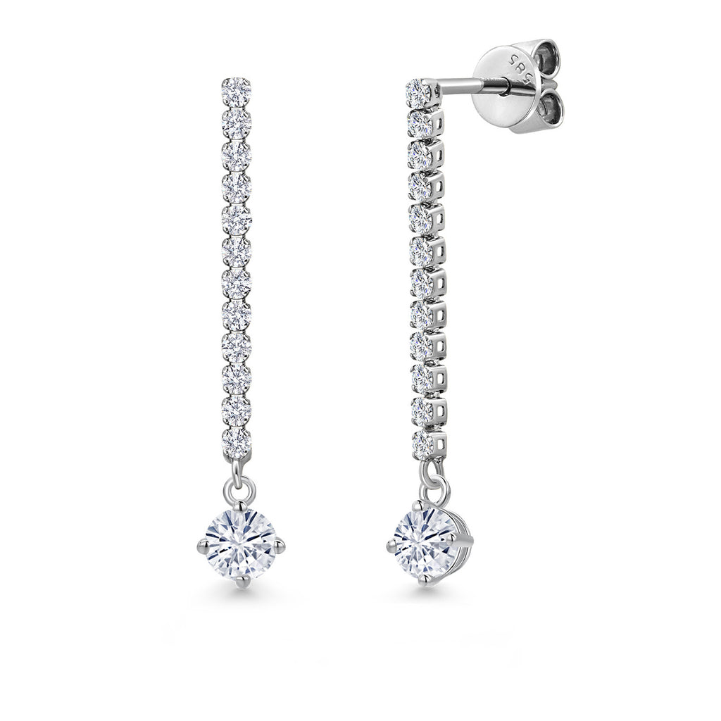 Gem Stone King 14K White Gold Round 4MM Gemstone Birthstone and White Lab Grown Diamond Long Liner Dangle Earrings for Women | White Gold Chain Drop Earrings