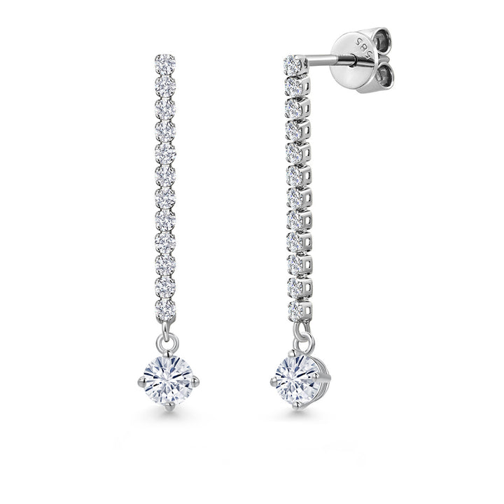 Gem Stone King 14K White Gold Round 4MM Gemstone Birthstone and White Lab Grown Diamond Long Liner Dangle Earrings for Women | White Gold Chain Drop Earrings