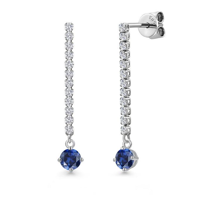 Gem Stone King 14K White Gold Round 4MM Gemstone Birthstone and White Lab Grown Diamond Long Liner Dangle Earrings for Women | White Gold Chain Drop Earrings