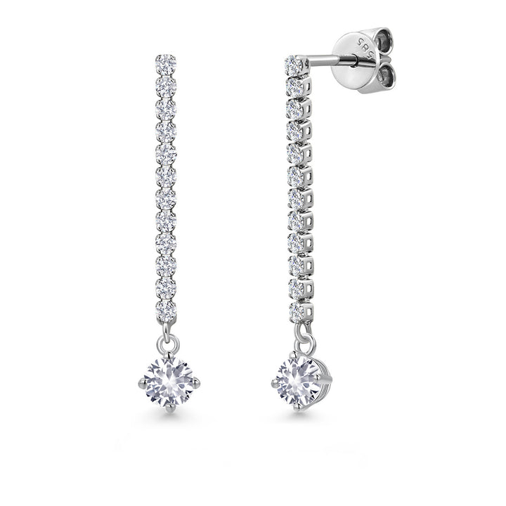 Gem Stone King 14K White Gold Round 4MM Gemstone Birthstone and White Lab Grown Diamond Long Liner Dangle Earrings for Women | White Gold Chain Drop Earrings