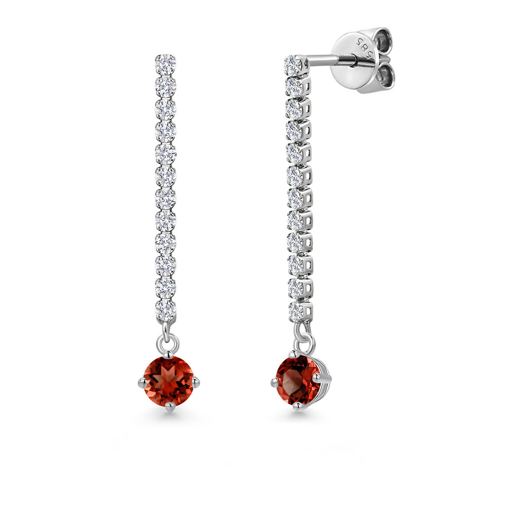 Gem Stone King 14K White Gold Round 4MM Gemstone Birthstone and White Lab Grown Diamond Long Liner Dangle Earrings for Women | White Gold Chain Drop Earrings
