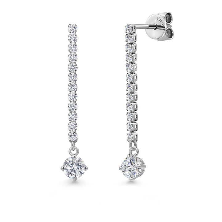 Gem Stone King 14K White Gold Round 4MM Gemstone Birthstone and White Lab Grown Diamond Long Liner Dangle Earrings for Women | White Gold Chain Drop Earrings