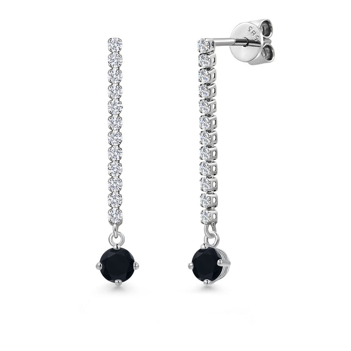 Gem Stone King 14K White Gold Round 4MM Gemstone Birthstone and White Lab Grown Diamond Long Liner Dangle Earrings for Women | White Gold Chain Drop Earrings