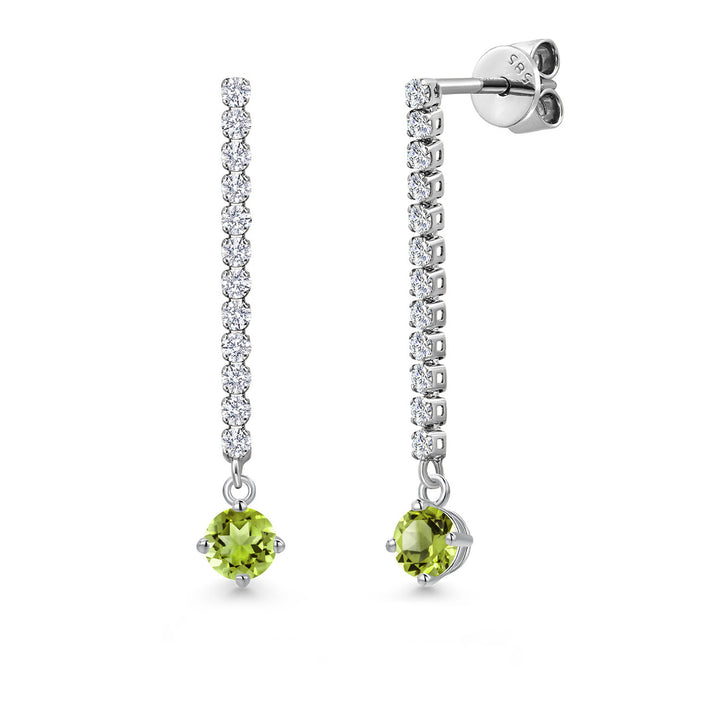 Gem Stone King 14K White Gold Round 4MM Gemstone Birthstone and White Lab Grown Diamond Long Liner Dangle Earrings for Women | White Gold Chain Drop Earrings