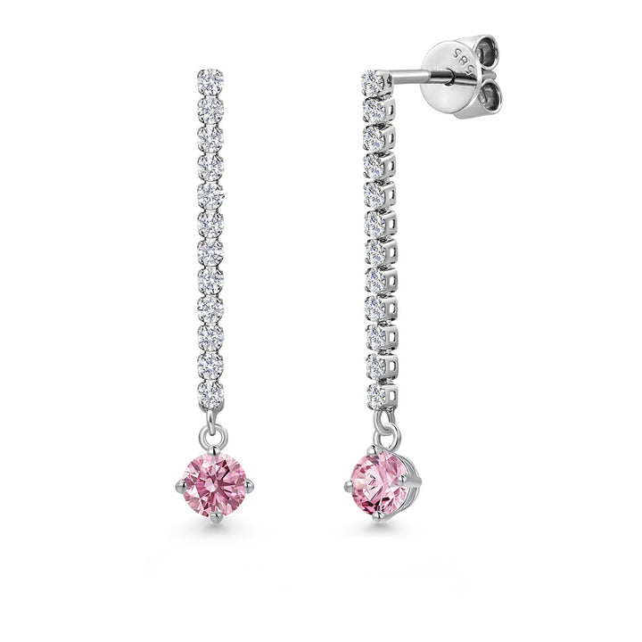 Gem Stone King 14K White Gold Round 4MM Gemstone Birthstone and White Lab Grown Diamond Long Liner Dangle Earrings for Women | White Gold Chain Drop Earrings
