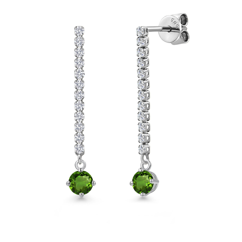 Gem Stone King 14K White Gold Round 4MM Gemstone Birthstone and White Lab Grown Diamond Long Liner Dangle Earrings for Women | White Gold Chain Drop Earrings