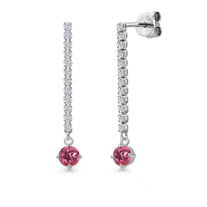 Gem Stone King 14K White Gold Round 4MM Gemstone Birthstone and White Lab Grown Diamond Long Liner Dangle Earrings for Women | White Gold Chain Drop Earrings