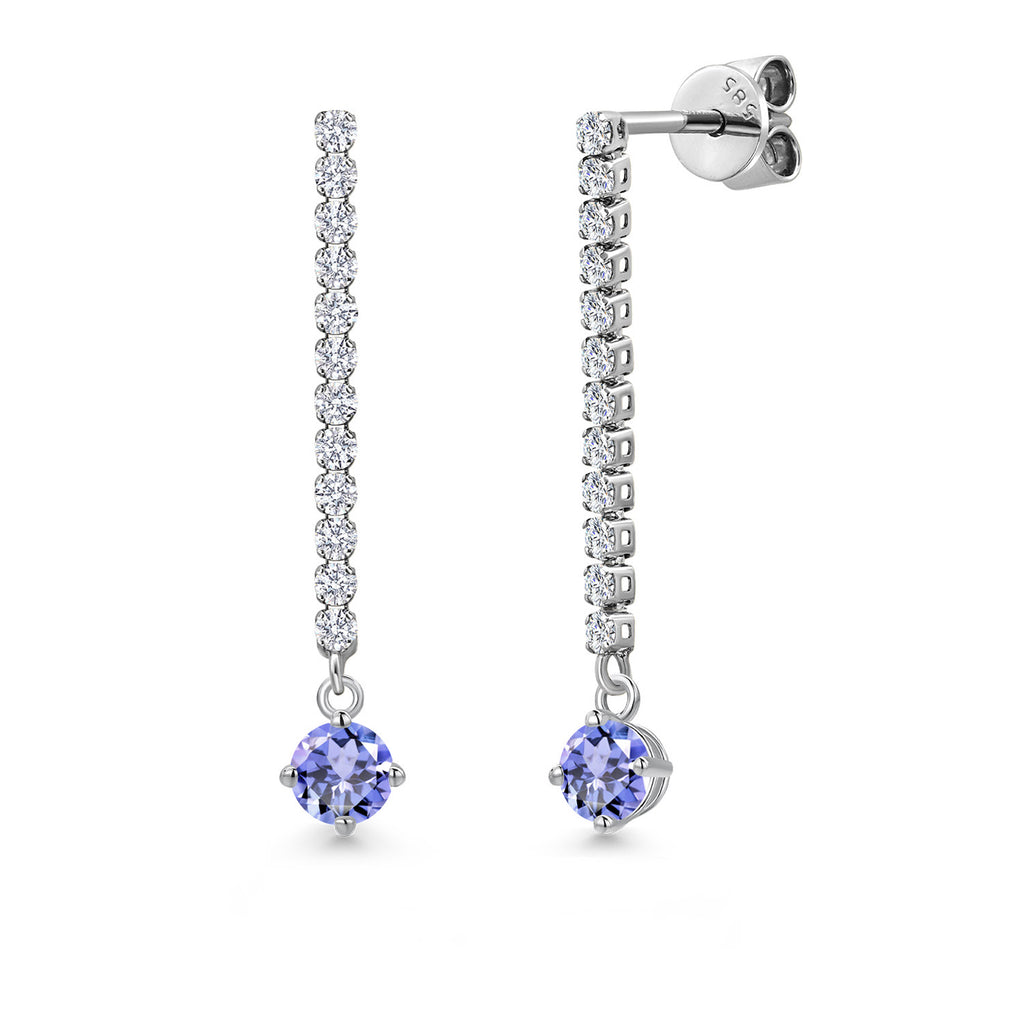 Gem Stone King 14K White Gold Round 4MM Gemstone Birthstone and White Lab Grown Diamond Long Liner Dangle Earrings for Women | White Gold Chain Drop Earrings