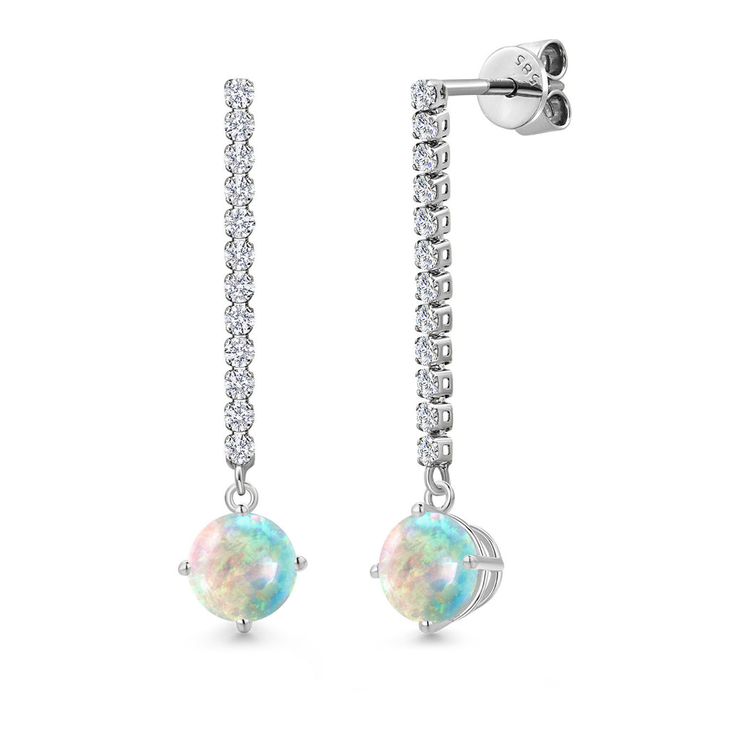 Gem Stone King 14K White Gold Gemstone Birthstone and White Lab Grown Diamond Long Liner Dangle Earrings for Women | Round 6MM | White Gold Chain Drop Earrings