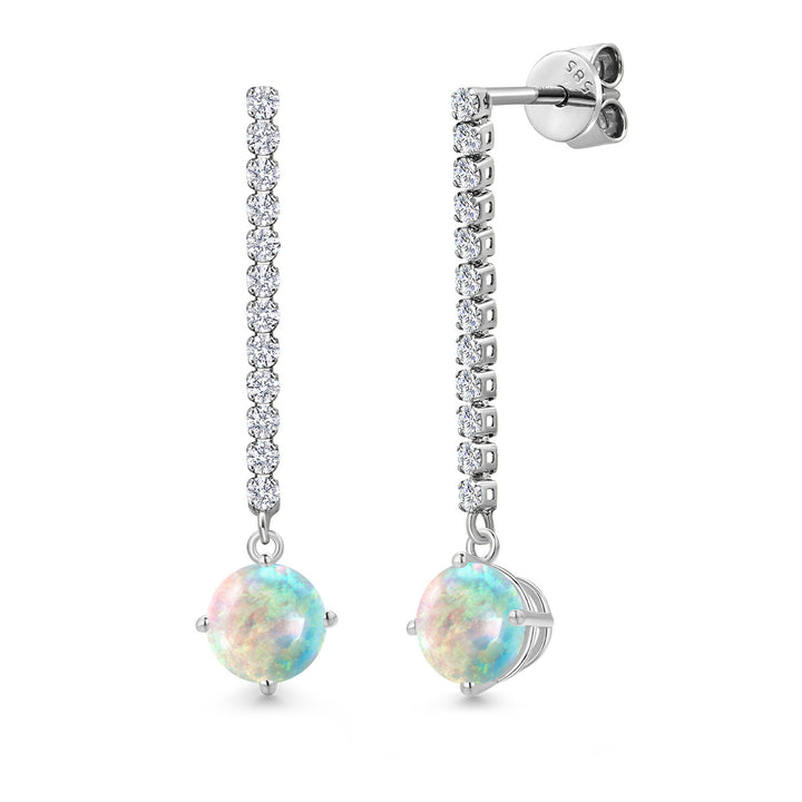 Gem Stone King 14K White Gold Gemstone Birthstone and White Lab Grown Diamond Long Liner Dangle Earrings for Women | Round 6MM | White Gold Chain Drop Earrings