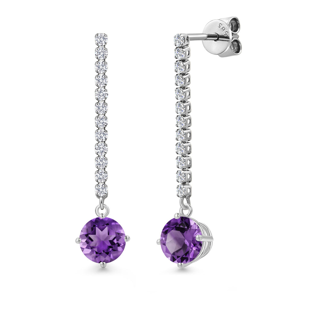 Gem Stone King 14K White Gold Gemstone Birthstone and White Lab Grown Diamond Long Liner Dangle Earrings for Women | Round 6MM | White Gold Chain Drop Earrings