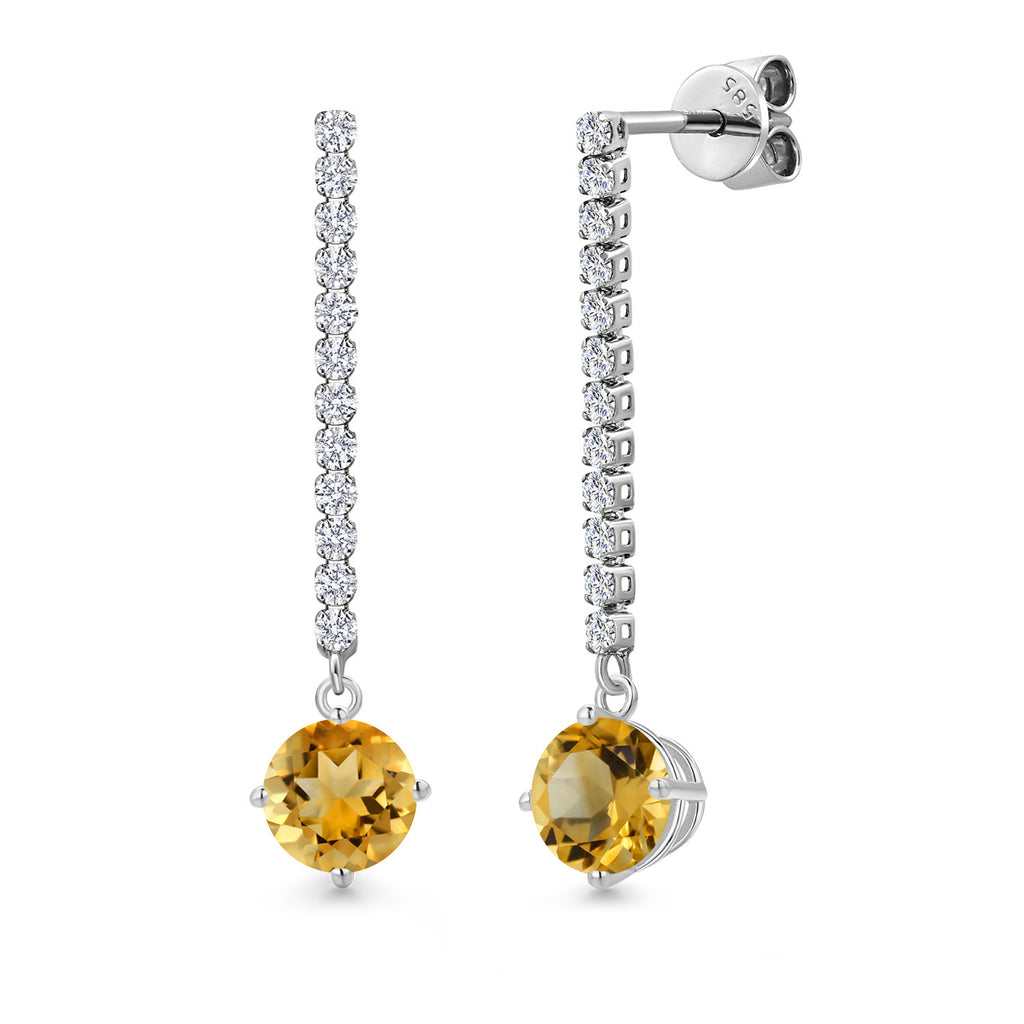 Gem Stone King 14K White Gold Gemstone Birthstone and White Lab Grown Diamond Long Liner Dangle Earrings for Women | Round 6MM | White Gold Chain Drop Earrings