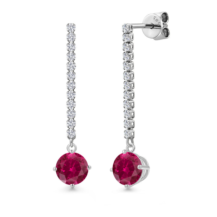 Gem Stone King 14K White Gold Gemstone Birthstone and White Lab Grown Diamond Long Liner Dangle Earrings for Women | Round 6MM | White Gold Chain Drop Earrings