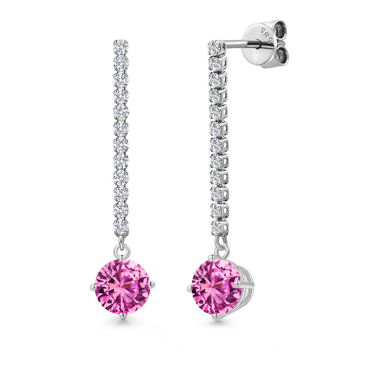 Gem Stone King 14K White Gold Gemstone Birthstone and White Lab Grown Diamond Long Liner Dangle Earrings for Women | Round 6MM | White Gold Chain Drop Earrings