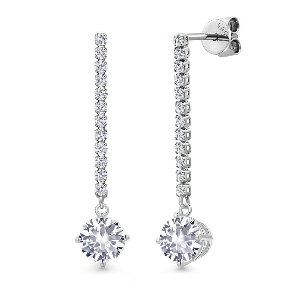 Gem Stone King 14K White Gold Gemstone Birthstone and White Lab Grown Diamond Long Liner Dangle Earrings for Women | Round 6MM | White Gold Chain Drop Earrings