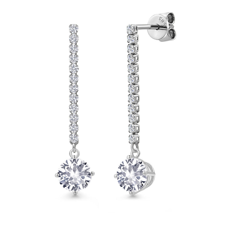 Gem Stone King 14K White Gold Gemstone Birthstone and White Lab Grown Diamond Long Liner Dangle Earrings for Women | Round 6MM | White Gold Chain Drop Earrings