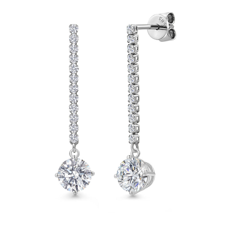 Gem Stone King 14K White Gold Gemstone Birthstone and White Lab Grown Diamond Long Liner Dangle Earrings for Women | Round 6MM | White Gold Chain Drop Earrings