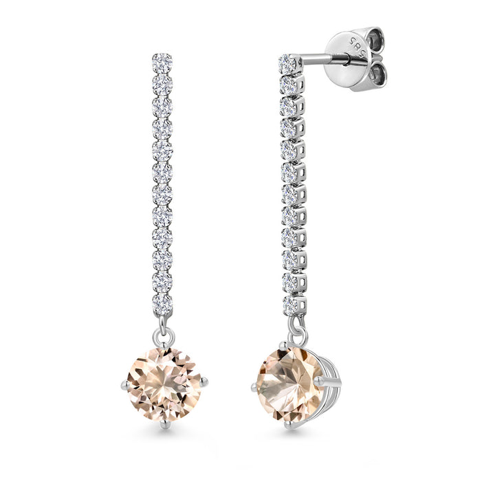 Gem Stone King 14K White Gold Gemstone Birthstone and White Lab Grown Diamond Long Liner Dangle Earrings for Women | Round 6MM | White Gold Chain Drop Earrings
