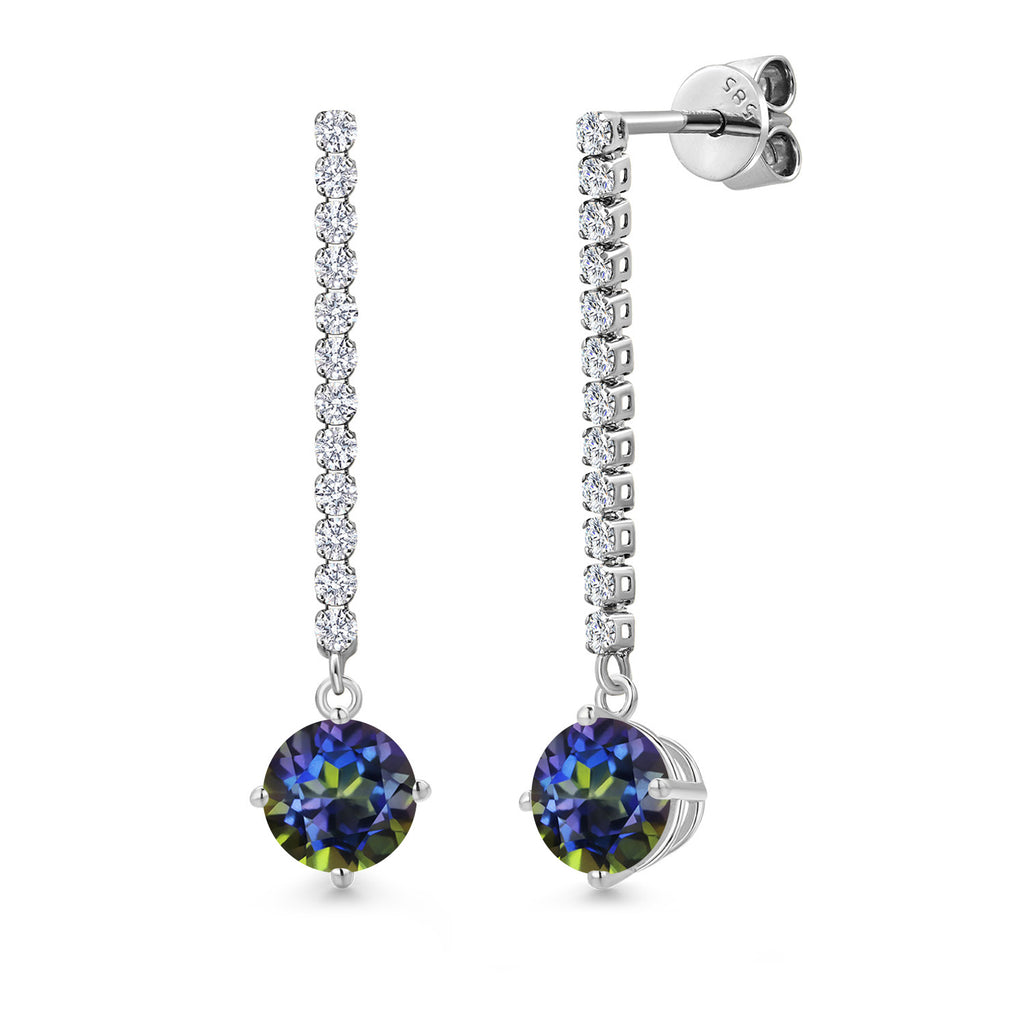 Gem Stone King 14K White Gold Gemstone Birthstone and White Lab Grown Diamond Long Liner Dangle Earrings for Women | Round 6MM | White Gold Chain Drop Earrings