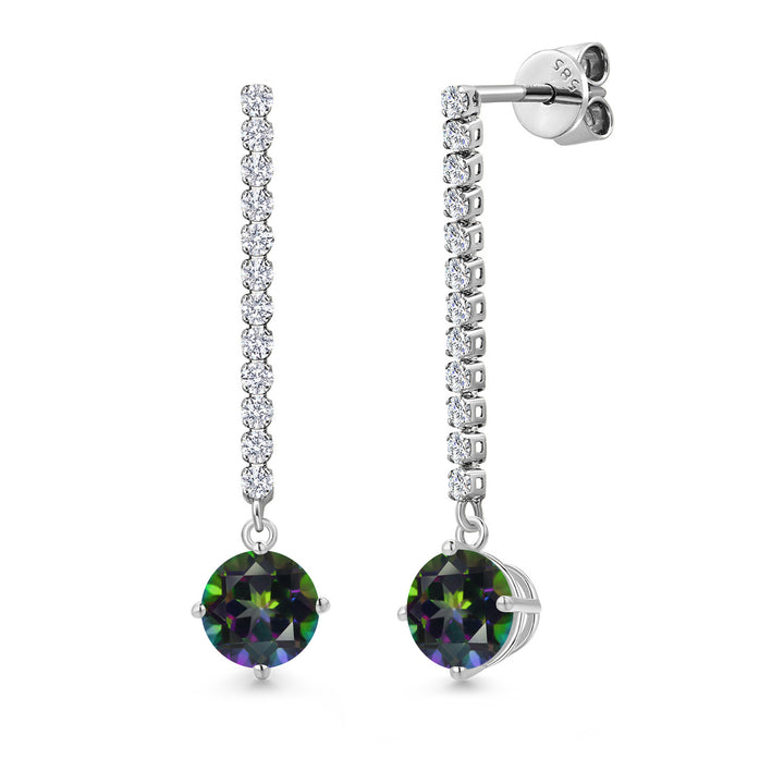 Gem Stone King 14K White Gold Gemstone Birthstone and White Lab Grown Diamond Long Liner Dangle Earrings for Women | Round 6MM | White Gold Chain Drop Earrings